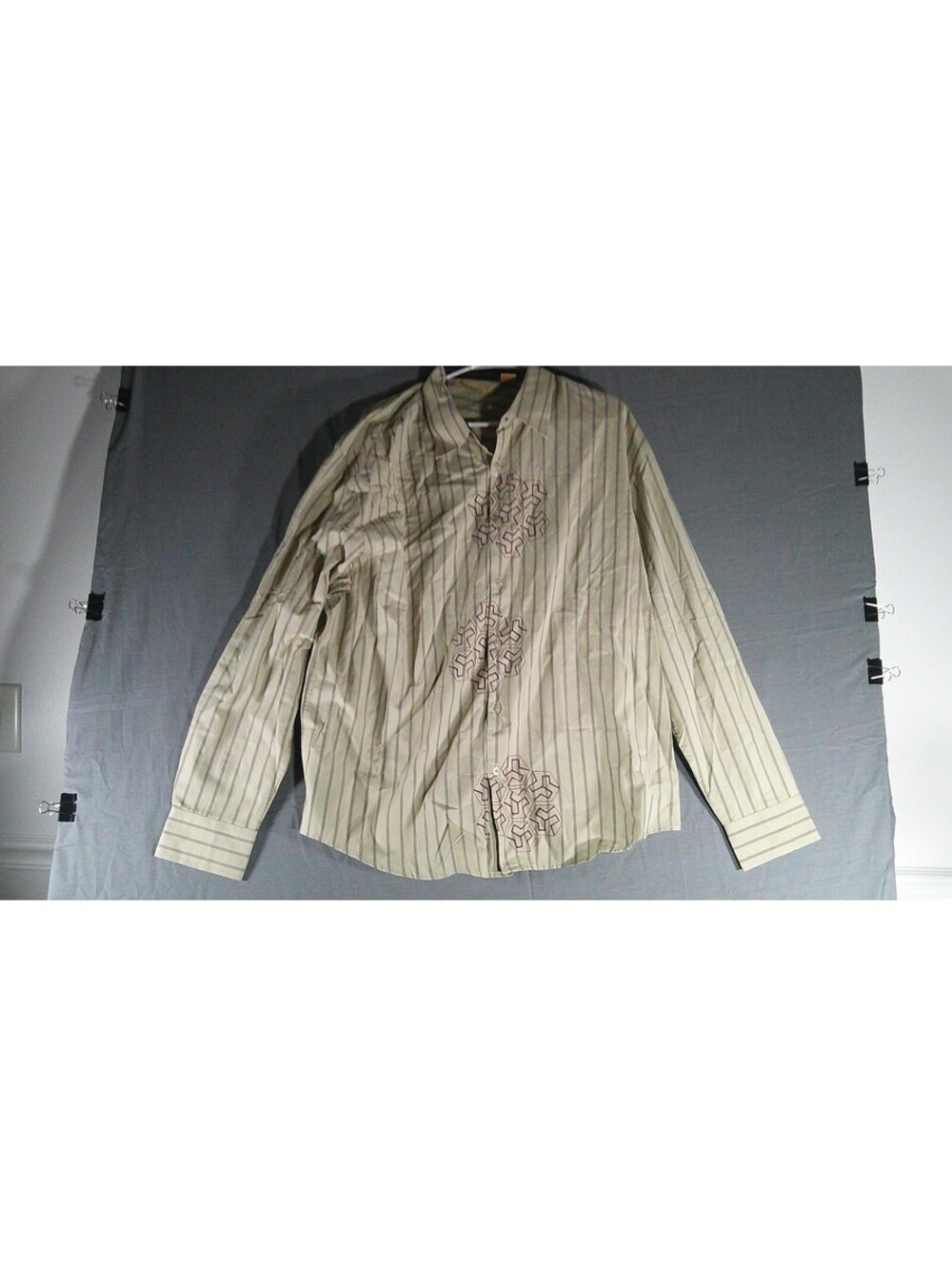 The Havanera Co. Beige Striped Button-Up Shirt with Embroide